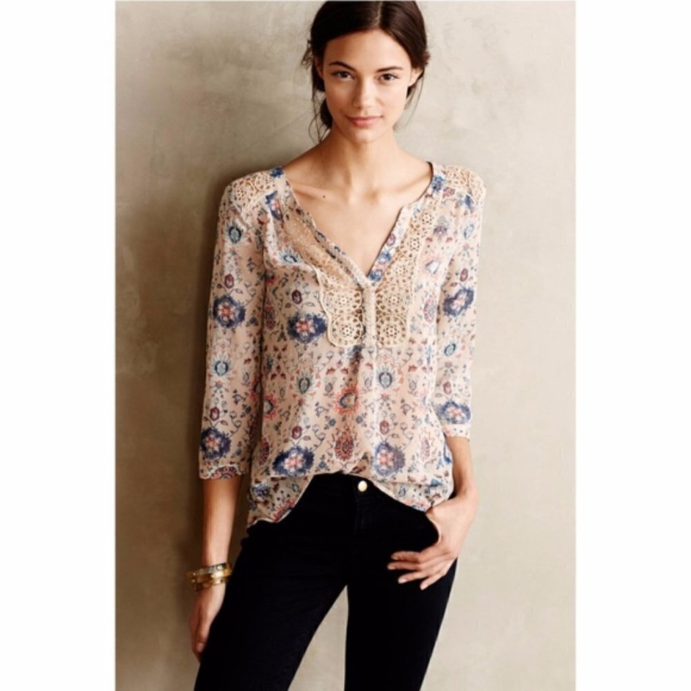 Anthropologie Maeve | Viola Paisley Floral Lace  Peasant Blouse Size 14